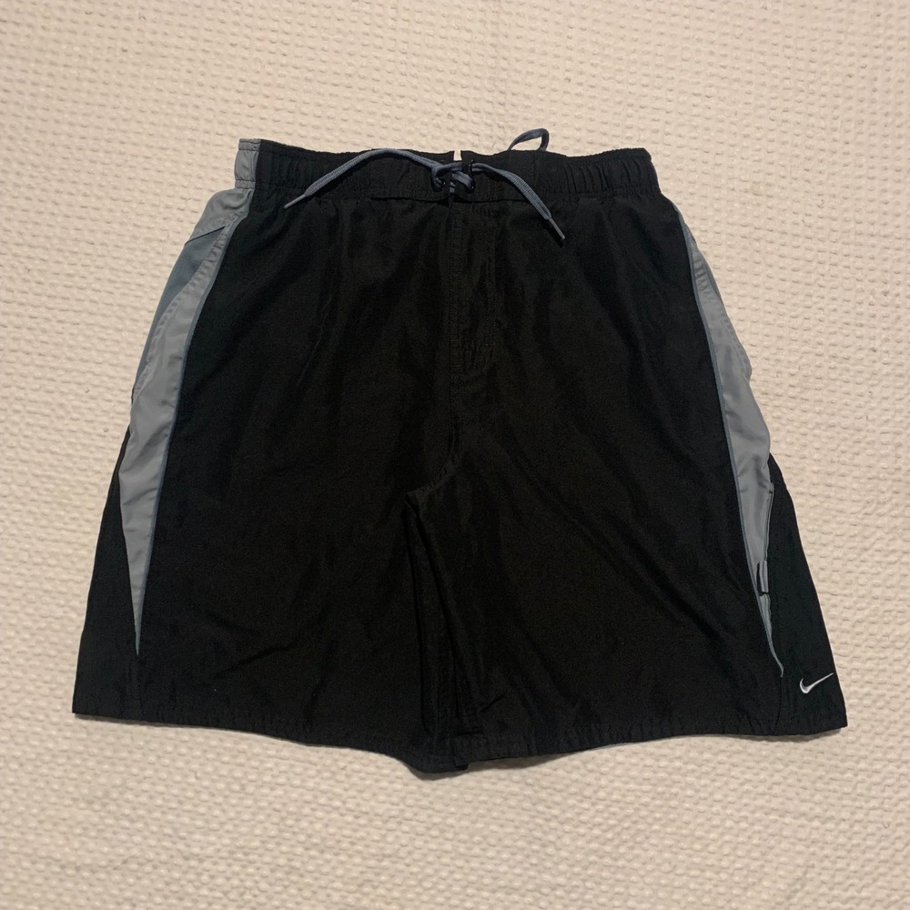 Nike Mens Athletic Shorts Black Grey Colorblock Drawstring Pockets Embroidered